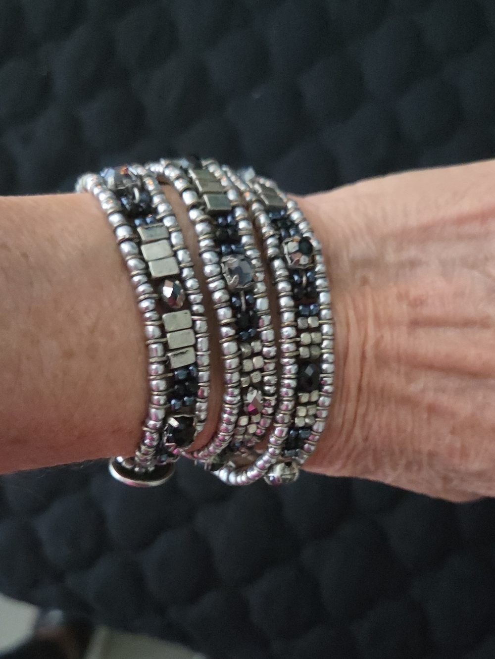 Silver and Black Beaded Wrap Bracelet - Women Jewelry